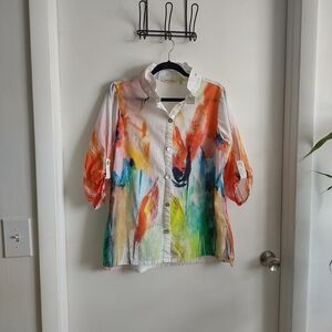 Soft Surroundings Orange and Green Boxy Button Down Shirt